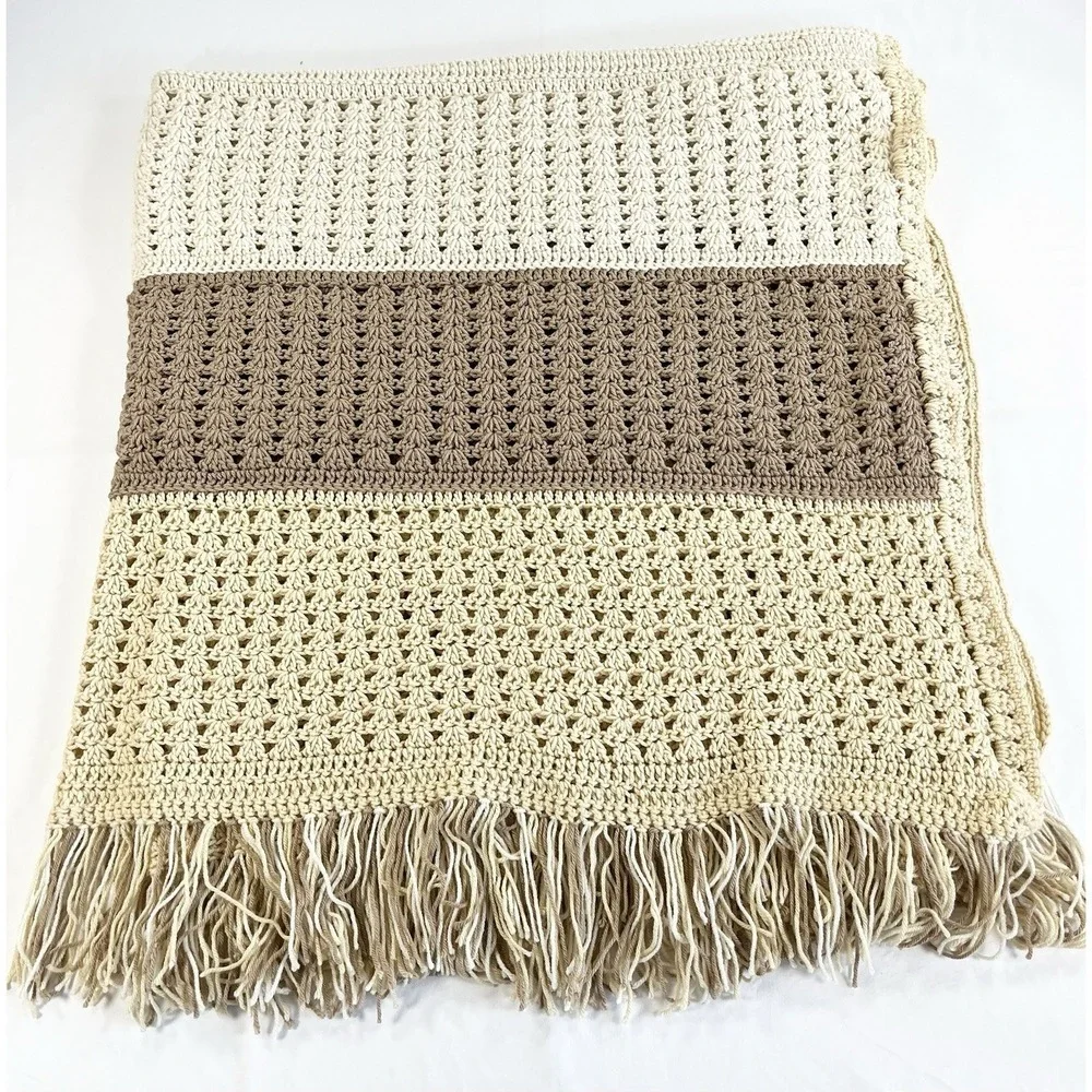 Vintage Waffle Stitch Crochet Afghan Blanket Fringed Throw Large‎ Tan Cream Boho
